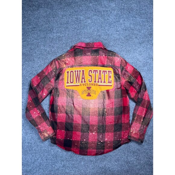 Iowa State Cyclones L Red Plaid Button-Up Flannel Shirt bleached cozy fall - Picture 5 of 7